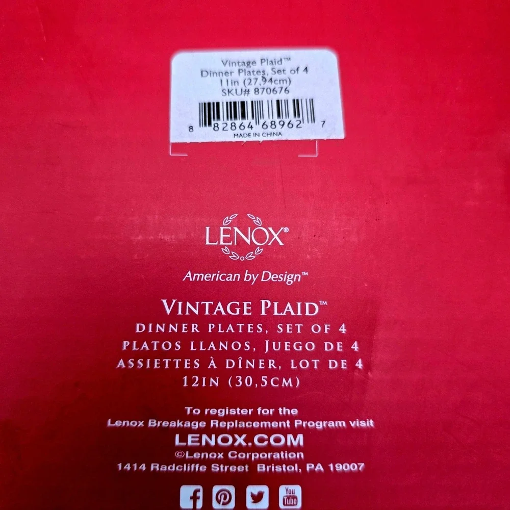 Lenox Vintage Plaid Dinner Plates Set of 4 Red Green‎ Winter Holiday 870676
